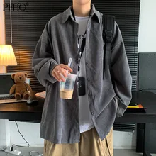 Pfhq nova moda 2021 solta cor sólida lapela manga longa coreano estilo coreano camisa masculina 21d1856