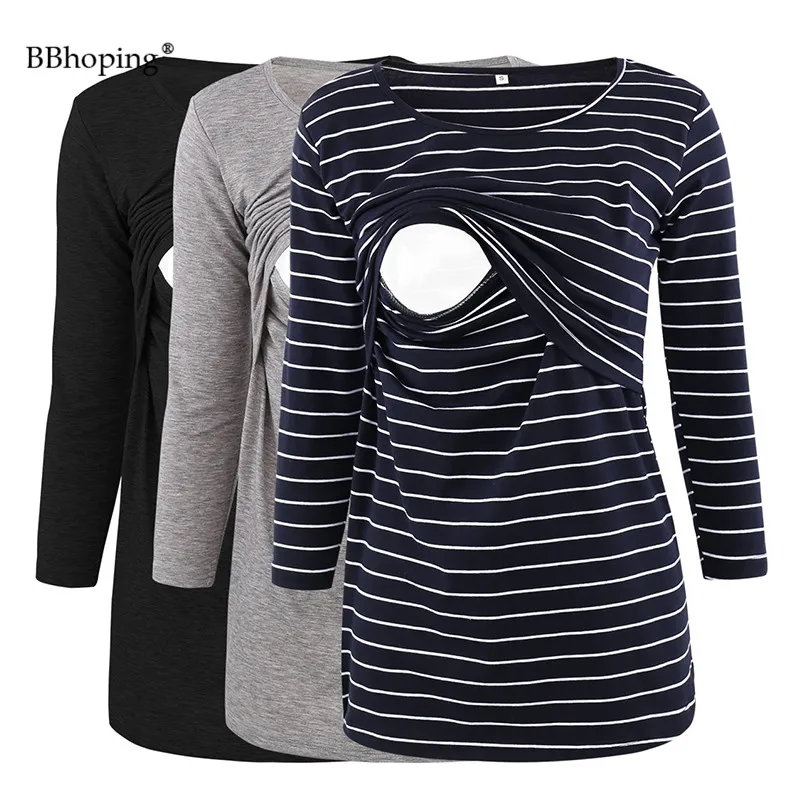

Women's Maternity Nursng Tops Striped 3/4 Sleeve Double Layered Breastfeeding Pregnancy T-Shirt Casual Round Neck Autumn Clothes