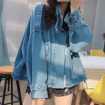 

[EWQ] 2020 Spring Autumn New Pattern Stand Collar Long Sleeve Solid Patchwork Denim Jacket Women Coat Femals 3AJ94305