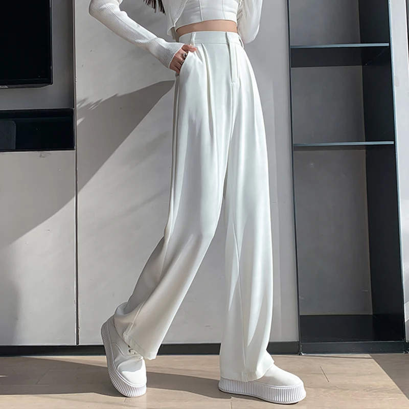 Casual High Waist Loose Wide Leg Pants for Women Spring Summer New Loose Female Floor-Length White Suits Pants Trousers B18701X