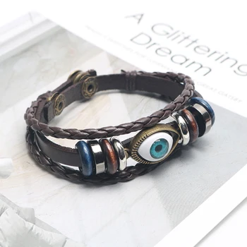 

2020 New Punk Design Turkish Evil Eye Bracelets Wristband Female PU Leather Bracelet Ethnic Vintage Jewelry For Women Men Bijout