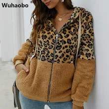 Wuhaobo леопардовое лоскутное женское плюшевое пальто осень с капюшоном пушистое плюшевое зимнее пальто из искусственного меха Женское пальто большого размера
