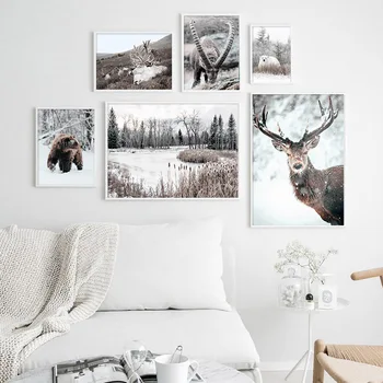 

Scandinavian Poster and Print Winter Nature Landscape Canvas Painting Beer Deer Animal Wall Art Picture Nordic Style Home Decor