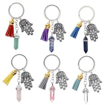 

Natural Stone Pendant Keychain Natural Quartz Stone Evil Eye Fatima Hand Palm Tassel Crystal Keyring Accessorie Jewelry DIY Gift
