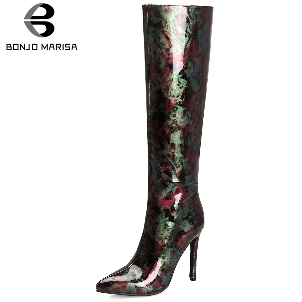 

BONJOMARISA Ins Hot Lady Mid Calf Boots Sexy Pointed Toe Party Boots Women 2020 Thin Heels Party Printing Shoes Woman
