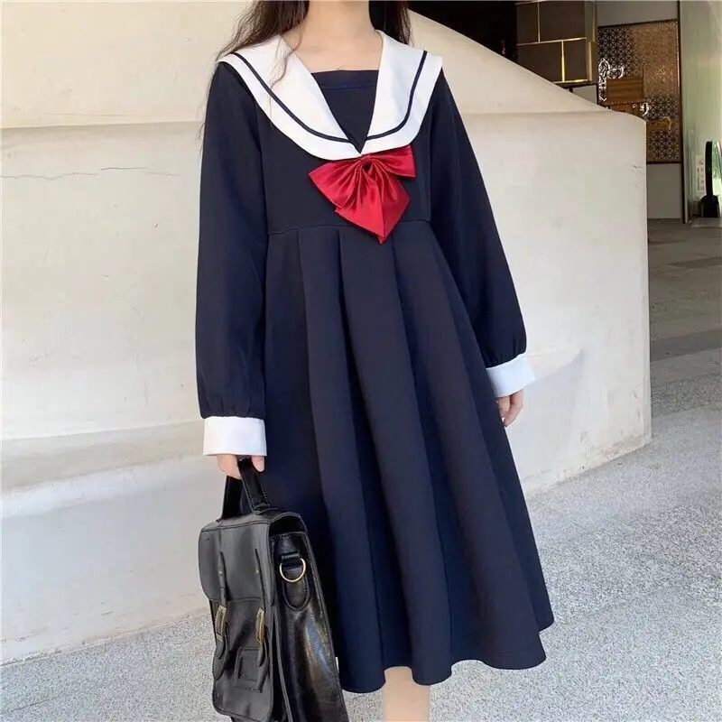 A-line Dress Women Sweet Kawaii Japanese Style College Autumn New Sailor Collar Patchwork Bow Fashion Leisure Loose Popular Chic satin dress Dresses