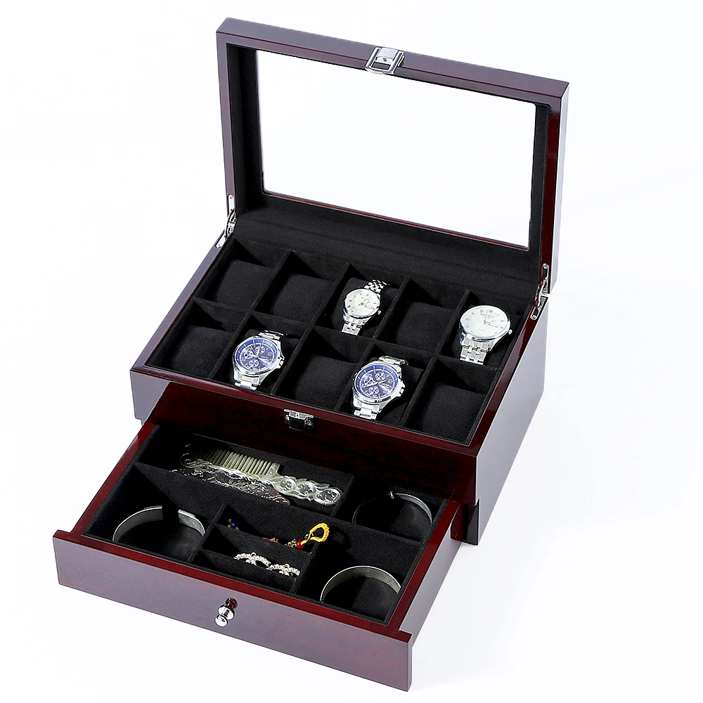 

Men Wooden Watch Jewelry Box Organizer 10 Slots 4 Multi-Functional Parts Storage Case with Real Glass Top Mahogany Red[US-Stock]
