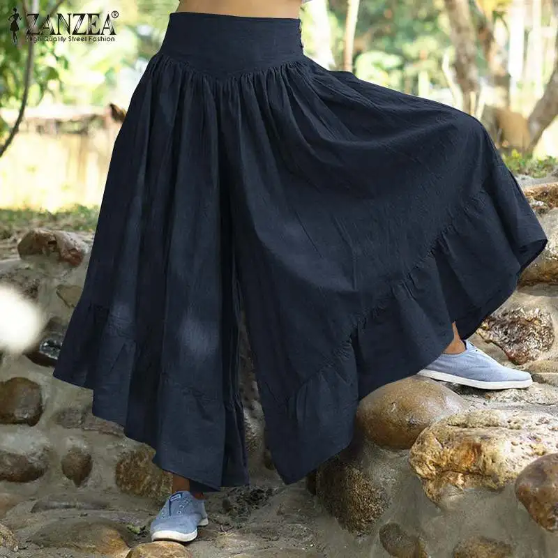 ZANZEA Summer High Waist Flare Trousers Bohemian Ruffles Hem Pants Women Wide Leg Pantalon Casual Lace Up Flounce Palazzo 5XL ZANZEA Summer High Waist Flare Trousers Bohemian Ruffles Hem Pants Women Wide Leg Pantalon Casual Lace Up Flounce Palazzo 5XL