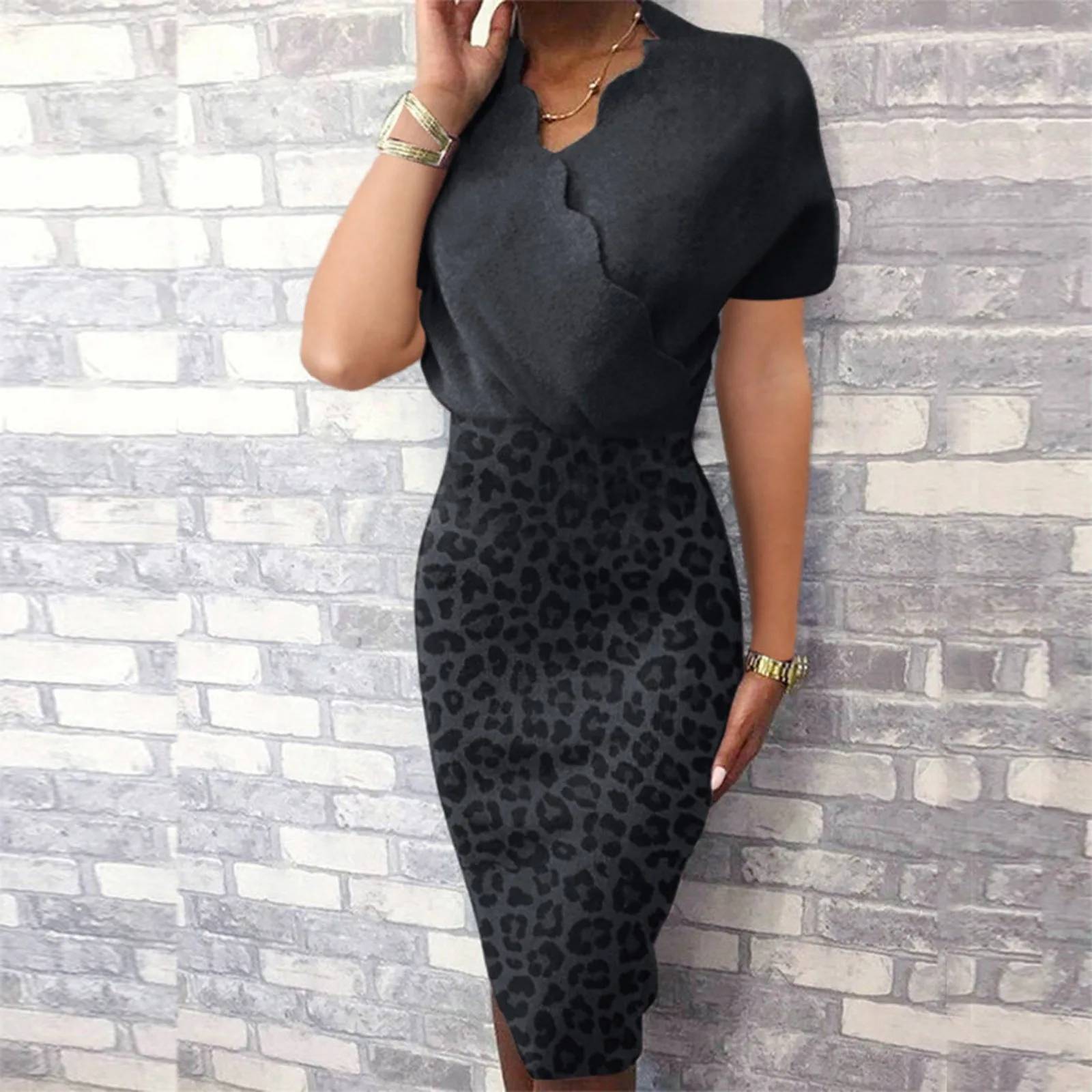 Women Dress Casual Lace Collar Leopard Print High Waist Patchwork Hip Sexy Female Short Sleeve Dress Mid-Calf Tight Vestido 2