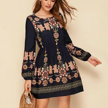 

Women Vintage Printed Floral Mini Dress Evening Party Streetwear Casual Long Sleeve Dress 2019