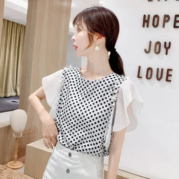 

Women's round neck ruffled short sleeve chiffon T-shirt