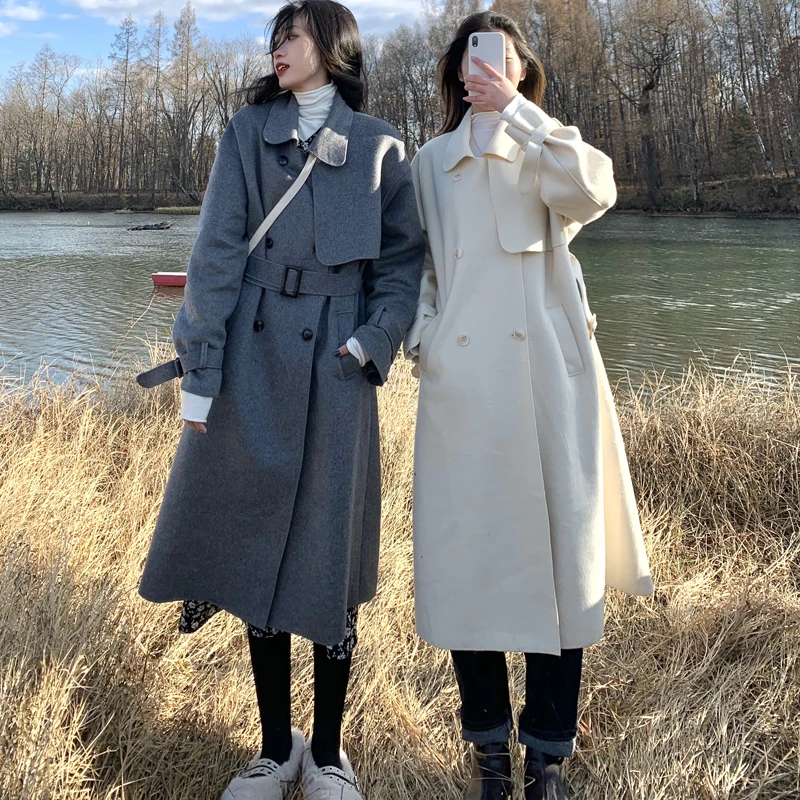 

Autumn And Winter Elegant Temperament Lapel Double-Breasted Long Woolen Jacket Woolen Coat Trench Coat