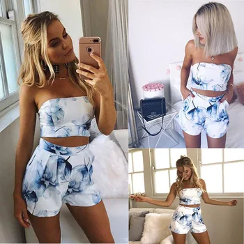

2020 Summer Women Sexy Off Shoulder Strapless Vest Clothes Set Ladies Casual Sleeveless Print Knitwear Tracksuit Kits