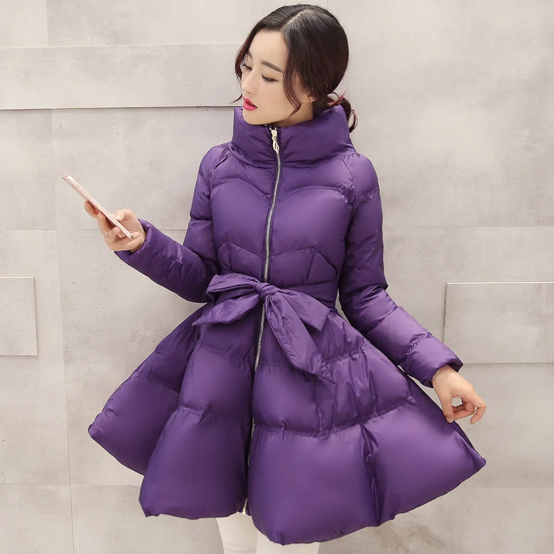 Зима высокое качество воротник стойка с длинным рукавом Регулируемая талия сплошной Лоскутная Корейская женская хлопковая одежда S882