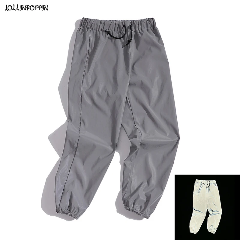 

Hip Hop Men Reflective Sports Pants Drawstring Elastic Waist 2020 New Streetwear Mens Gray Casual Pants Hiphop Ankle Length