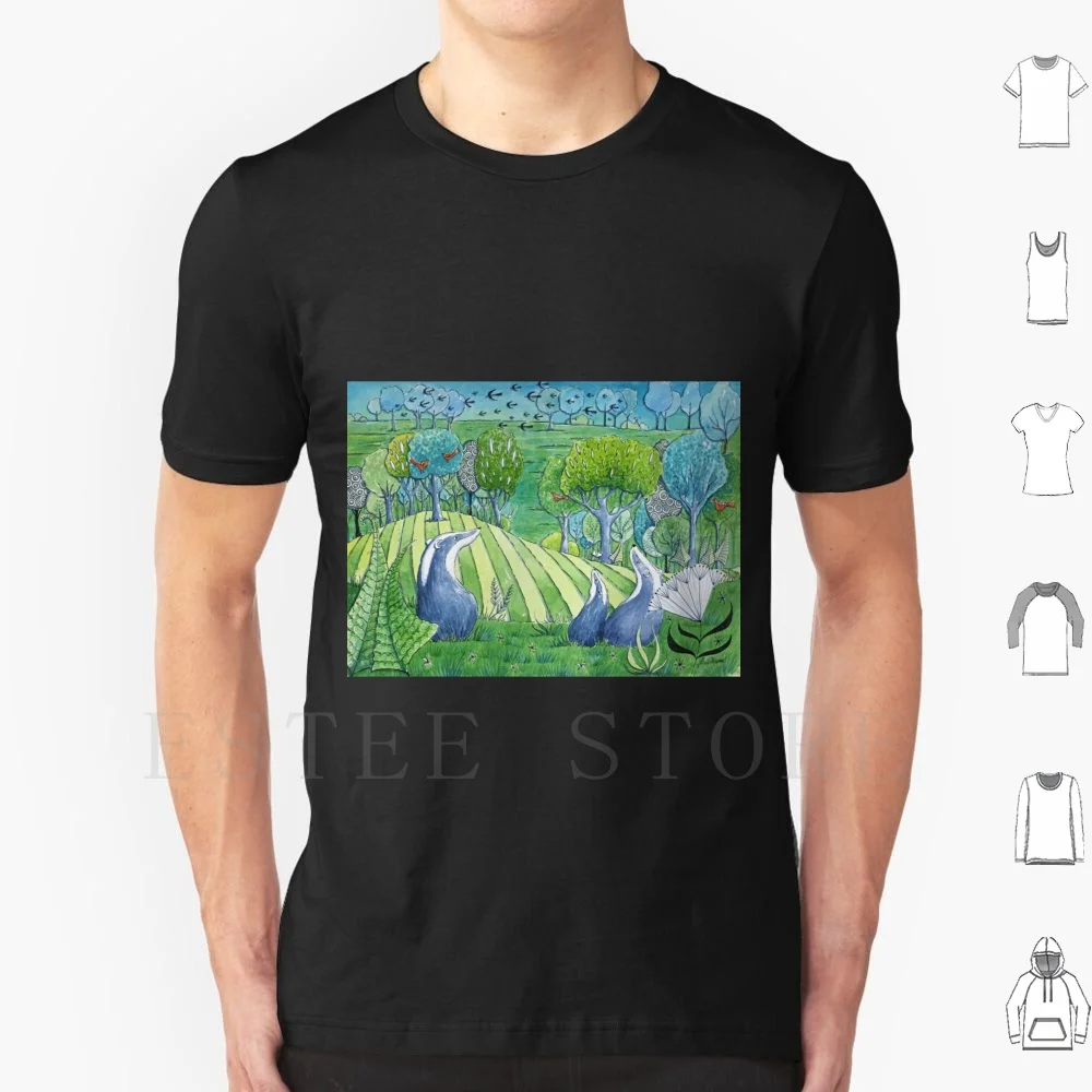 Birdwatching T Shirt Print Cotton Badger Badgers Birdwatching Bird Landscape Green Watching Birds Bird Art Trees Hills Felce