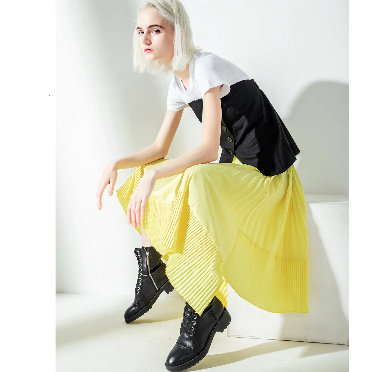 TVVOVVIN Solid Candy Color Heavy Crimp Irregular Cut Out Patchwork Elastic Waist Long Fund Half-body Mid-Calf Skirt ZX120