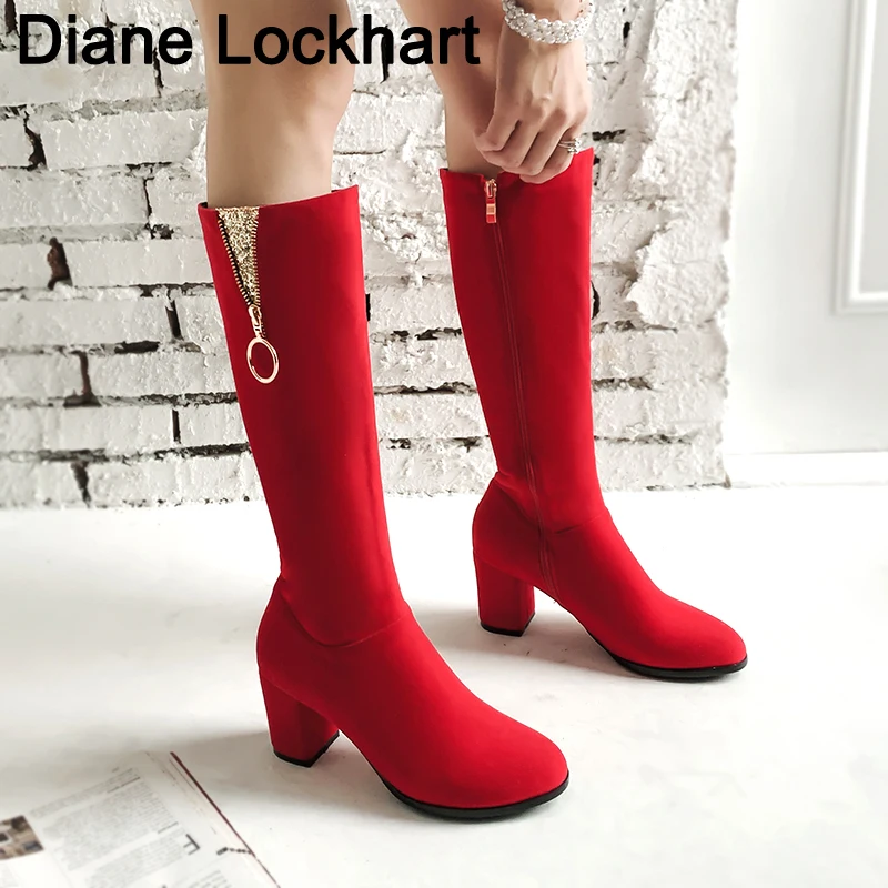 

Autumn Winter Mid Calf Boots High Heels Women Vintage Flock Leather Boot Female Slip on Riding Booties Woman botas mujer 39 40