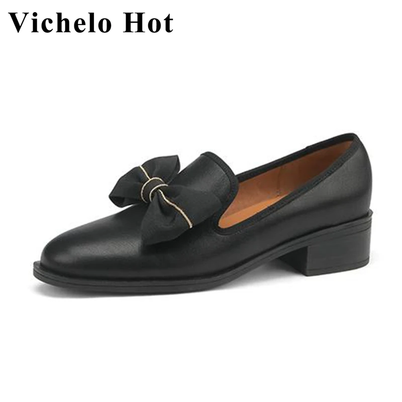 

Vichelo Hot spring lovely loafers shoes ins full grain leather round toe thick med heels butterfly-knot maiden energy pumps l36