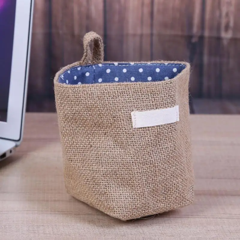 

Jute Storage Bag Basket Organizer with Handles Cotton Lining Sundries Box For Baby Toys Mini Desktop Storage Hanging Bag