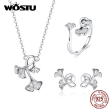 WOSTU реальные 925 пробы Серебро Гинкго лист, ювелирный набор Цепочки и ожерелья и серьги Регулируемые кольца для Для женщин Свадебные украшения 3 шт./компл