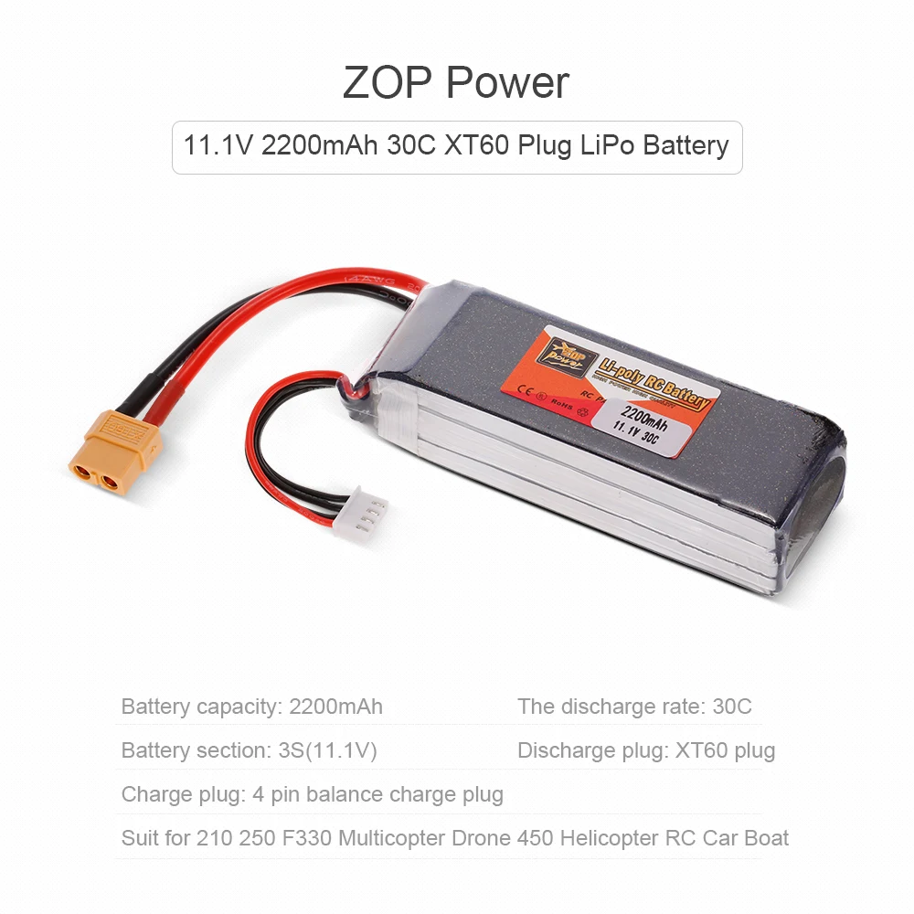 ZOP power 3S 11,1 V 2200mAh 30C XT60 вилка LiPo батарея для 210 250 280 гоночный Дрон 450 Вертолет RC автомобиль Лодка