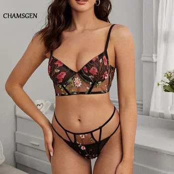 

CHAMSGEND 2PC Seamless Lingerie Set New Women Lace Floral Embroider Bra +Thong Lingerie Set Underwear G-String 2020 LenceriaF521