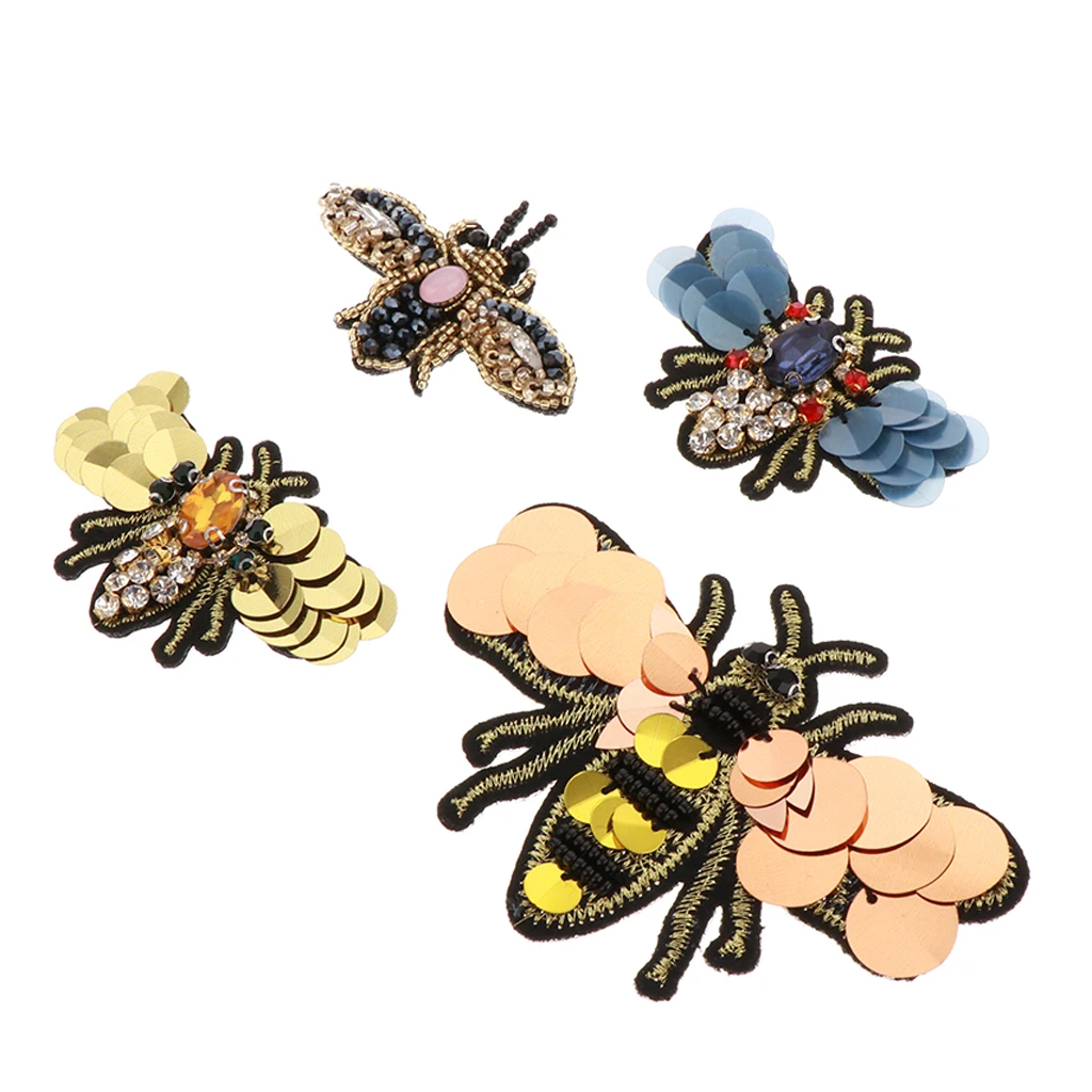 4 Pieces/set Beaded Bee Sequins Rhinestone Patch Embroidery Sewing Applique Clothing Accessory DIY Mixed
