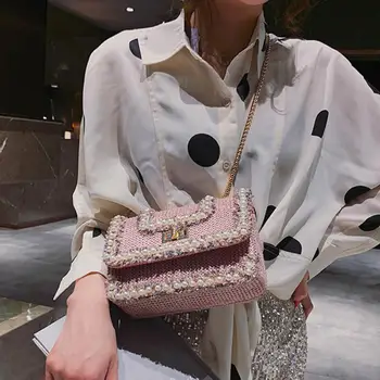 

Fashion Designe Small Square bag 2019 New Quality Women's Designer Handbag Pearl Lock Chain Sweet Flip Shoulder Crossbody Bags