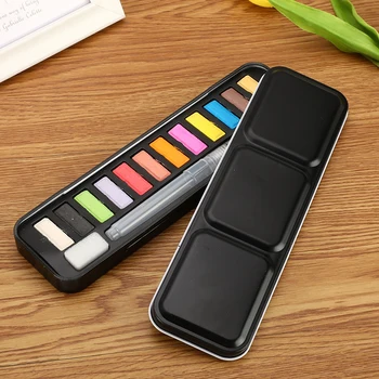 

New 12 Colors Solid Watercolor Paint Set Portable for School Student Drawing Brush Acrylic Art Painting Supplies with Pen Brush