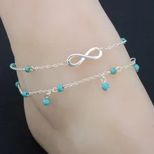 В европейском и американском стиле AliExpress летние повезло с цифрой «8» и надписью, бирюзовый Ленточки двойной Слои анклет(браслет на ногу