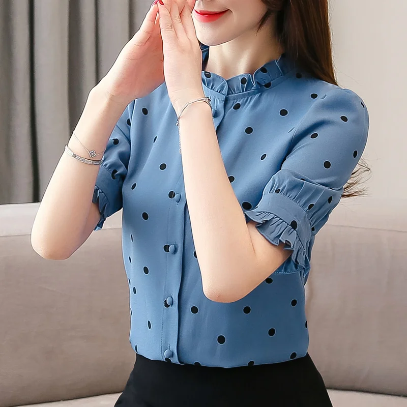  2019 New Chiffon Shirts Women Shirt Summer Shirt Women Tops Dot Printed Fashion Korean Blue Pink Sh