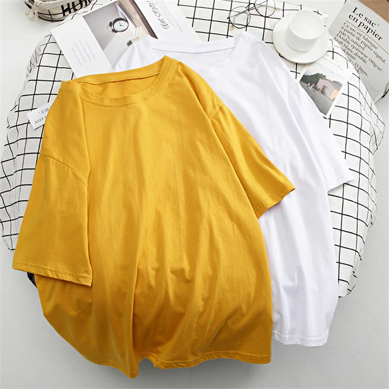 Hirsionsan Basic Cotton T Shirt Women Summer New Oversized Solid Tees 7 Color Casual Loose Tshirt Korean O Neck Female Tops