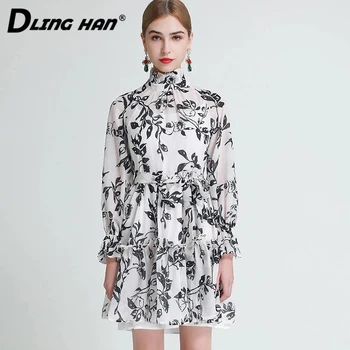 

DLINGHAN Fashion Floral Print Dress Women's Lace Up Flare Sleeve Ruffles Stand Collar Dresses Designer Spring New