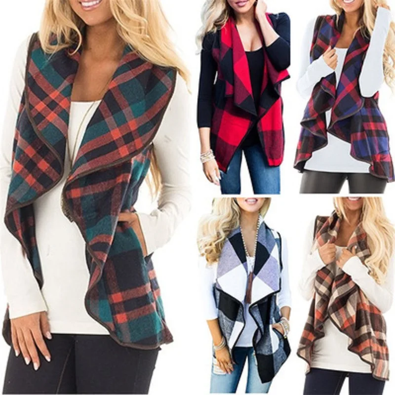 

Autumn and Winter New Sleeveless Women's Plaid Pocket Cardigan Vest Jacket Casual Loose Lapel Sleeveless Retro Plus Size Vest