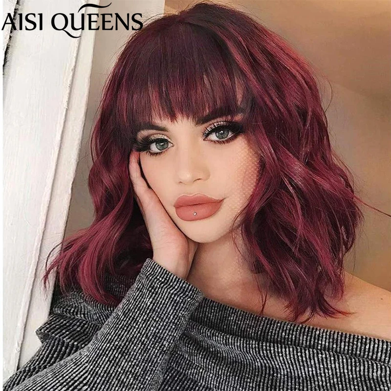 Женские синтетические кудрявые парики AISI QUEENS с челкой короткими волнами красные