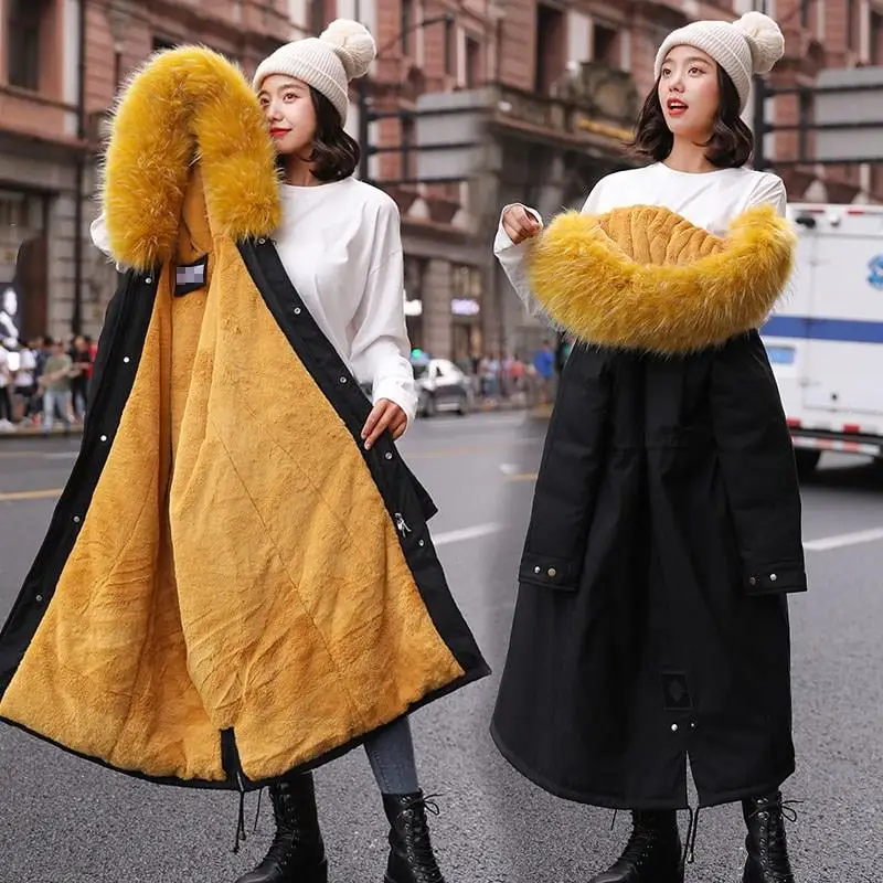 Best Womens Thickening Down Cotton Coat Female Fur Collar Casual Jacket For Women Pockets Hooded Long Parka