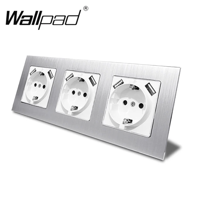 Double EU Schuko Power Socket with Double USB Charging Ports 5.1DC 2.1A For EU Round Box Wallpad 156*86mm EU Outlet with USB 3 Metal Silver White