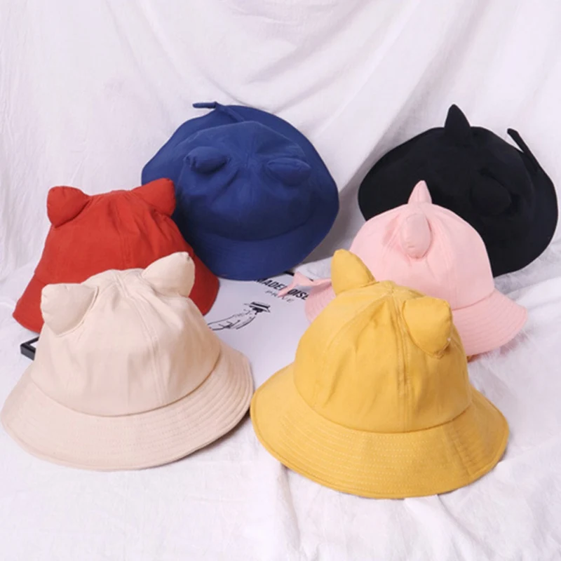 Милые кошачьи уши ведро Шапки прелестные модные туфли с оборками и шляпы для рыбалки однотонные кепки для Для женщин и девочек лучшие подарки