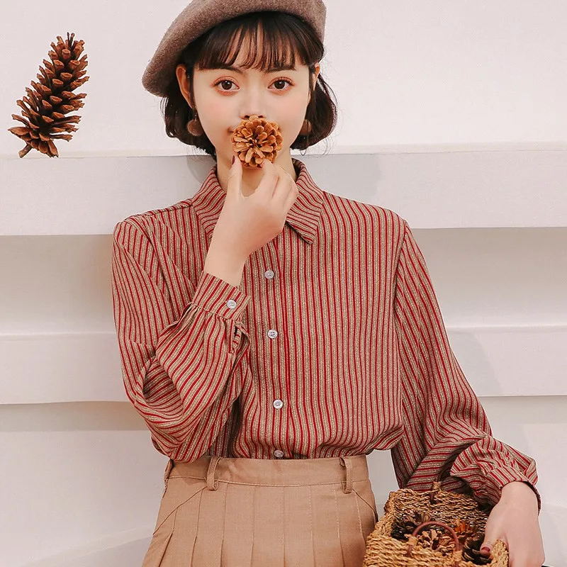 

Sweet Chiffon Blouse Women Fashion Striped Lapel Shirt Summer Elegant Long Sleeve Tops