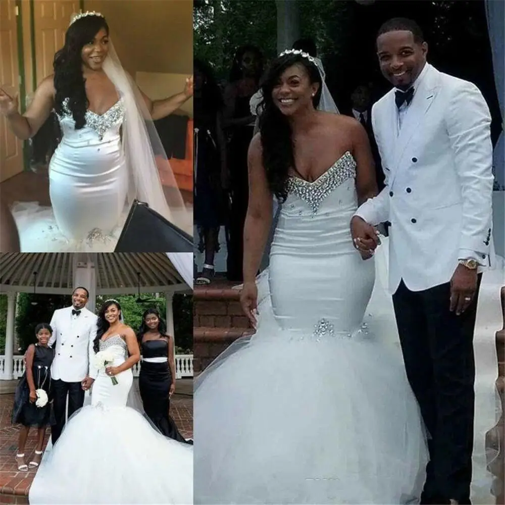

Crystals Beaded Mermaid Wedding Dresses Sexy SweetheartBridal Gowns Custom Made Tulle Sweep Train Wedding Vestido De Noiva