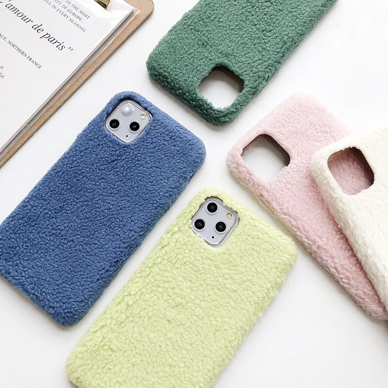 

Wool Fluff Phone Case For iPhone 11 Pro Max XR X Xs Max Furry Warm Cases For iPhone 6 6s 7 8 Plus Solid Color Soft PU Back Cover