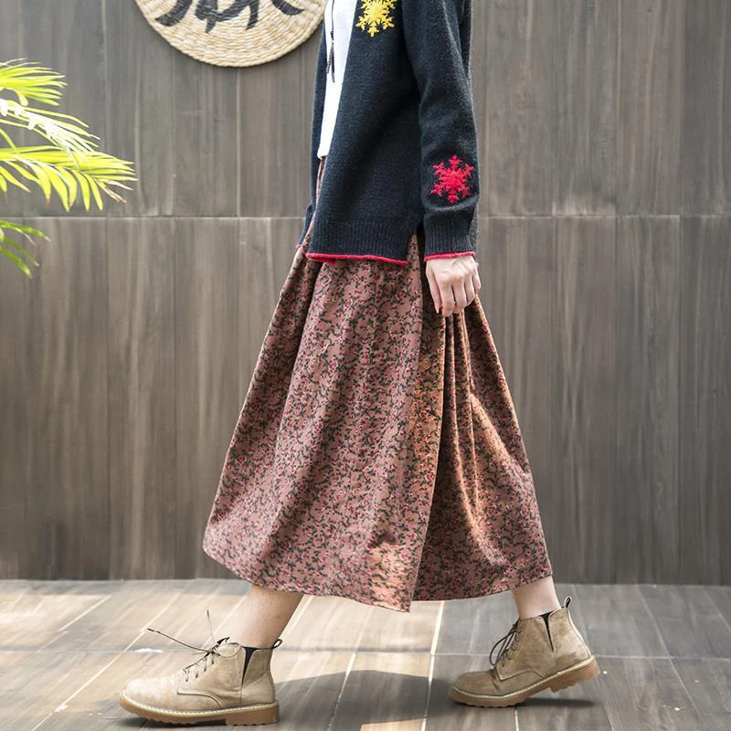 Spring Autumn Arts Style Elastic Waist Cotton Linen A-line Long Skirt Women Loose Casual Vintage Floral Skirt high quality S364 4