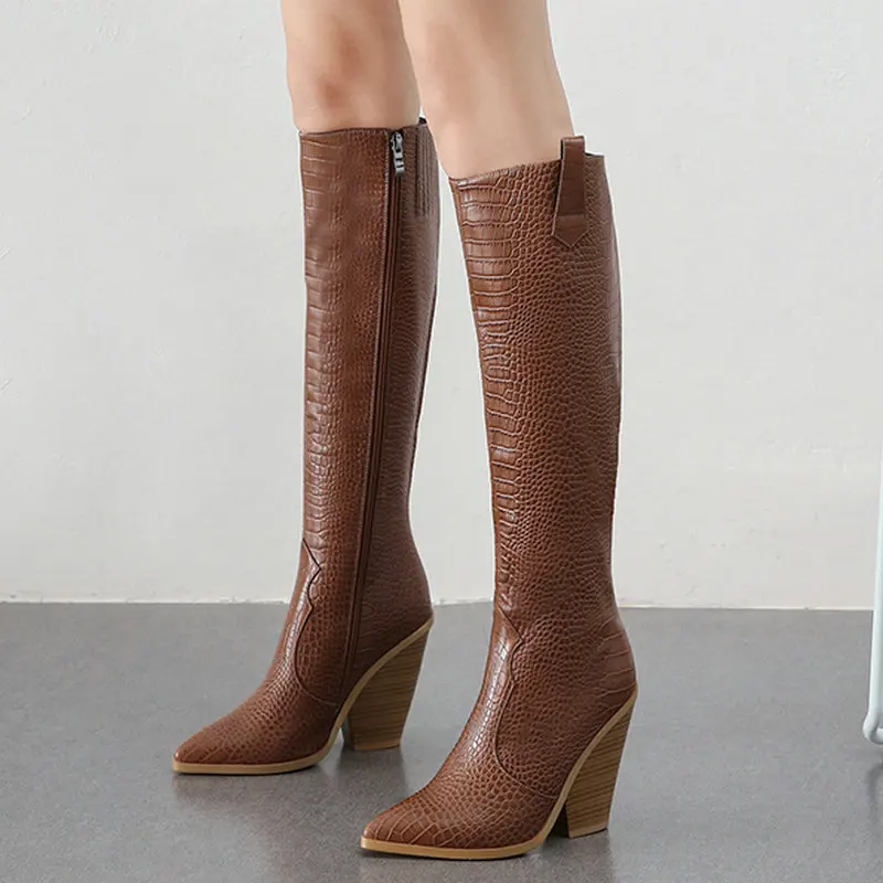 White Black Brown Gold Faux Leather Knee High Boots Women Fashion Pointed Toe Chunky Wedge Heel Cowboy Boots Ladies Winter Shoes