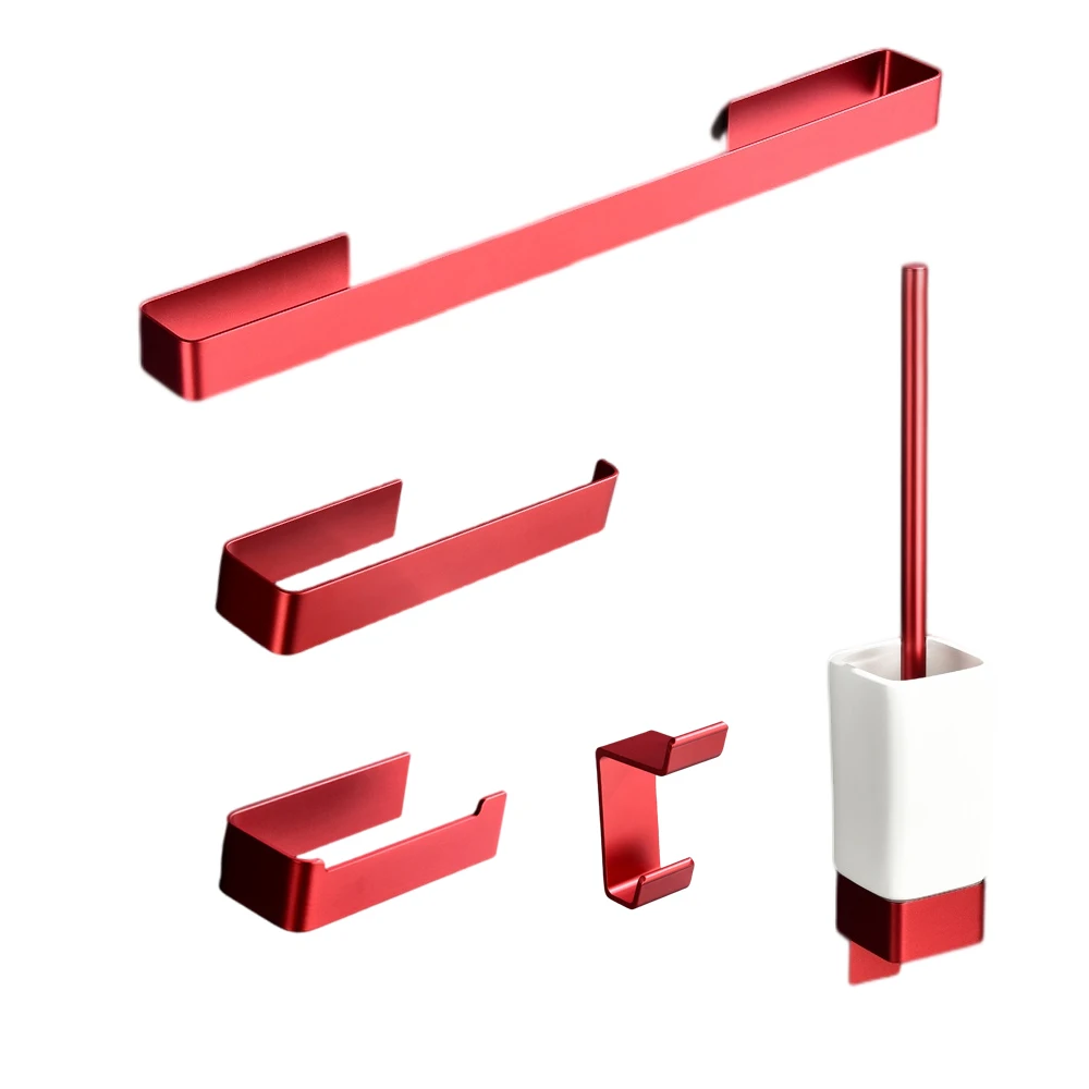Aluminum Bathroom Accessories Sets 3M Tape Toilet Brush Holder Ceramic Toilet Roll Paper Holder Red Robe Hook Towel