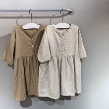 Весна, Новое Детское корейское платье с v-образным вырезом и длинными рукавами, свободное однотонное платье для девочек