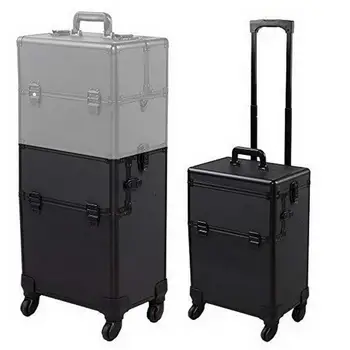 

3 in 1 4 Wheel Pro Aluminum Rolling Makeup Cosmetic Train Case Lockable Wheeled Box