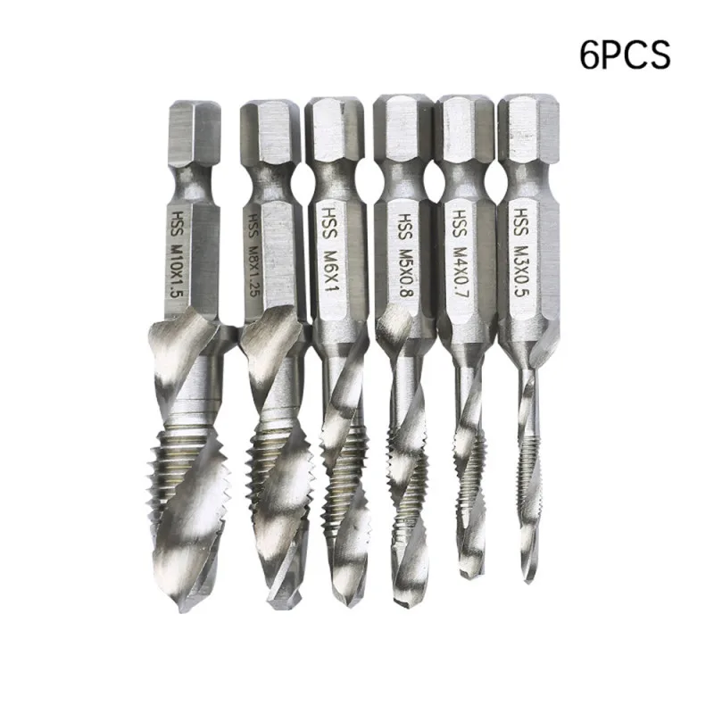 

6PCS M3-M10 Screw Tap Drill Bits Hss Taps Countersink Deburr Set Metric Combination Bit High Speed Steel 1/4 IN Quick Change Hex