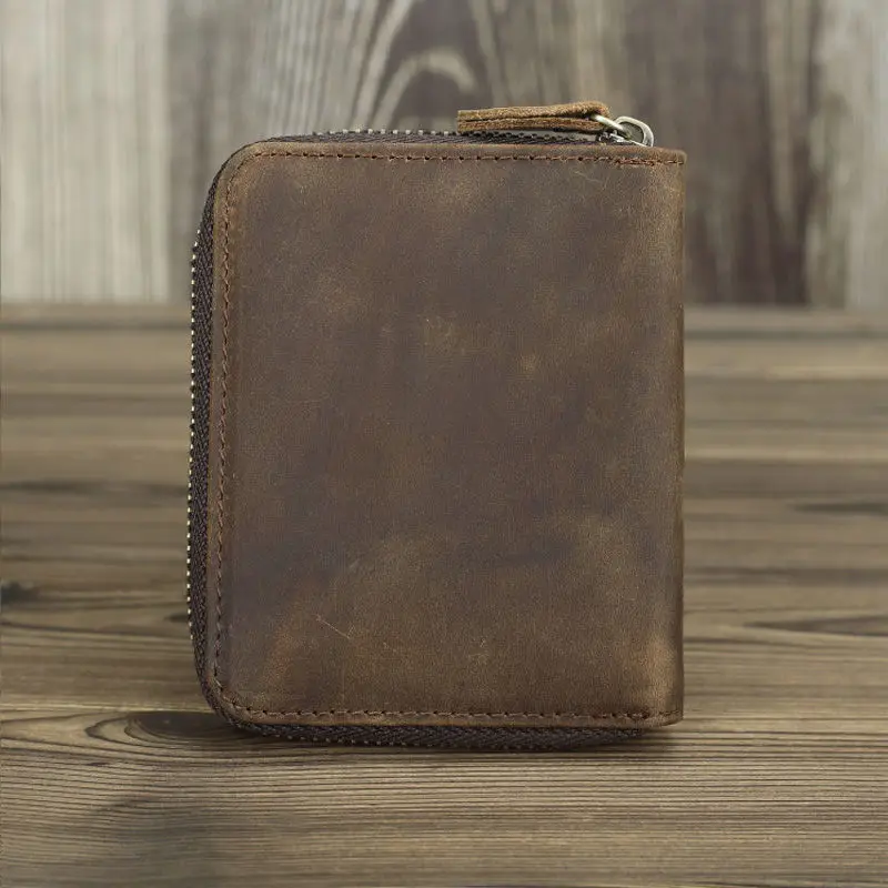 Short Organizer Wallet Man With Zipper Around Genuine Leather Male Coin Purse Crazy Horse Leather Card Holder For Boys Vintage Short Organizer Wallet Man With Zipper Around Genuine Leather Male Coin Purse Crazy Horse Leather Card Holder For Boys Vintage