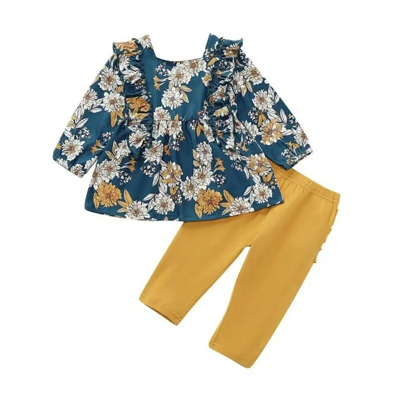 Комплекты с оборками для малышей, осенне-весенняя одежда для маленьких девочек, платье с цветочным рисунком верхняя одежда + длинные штаны